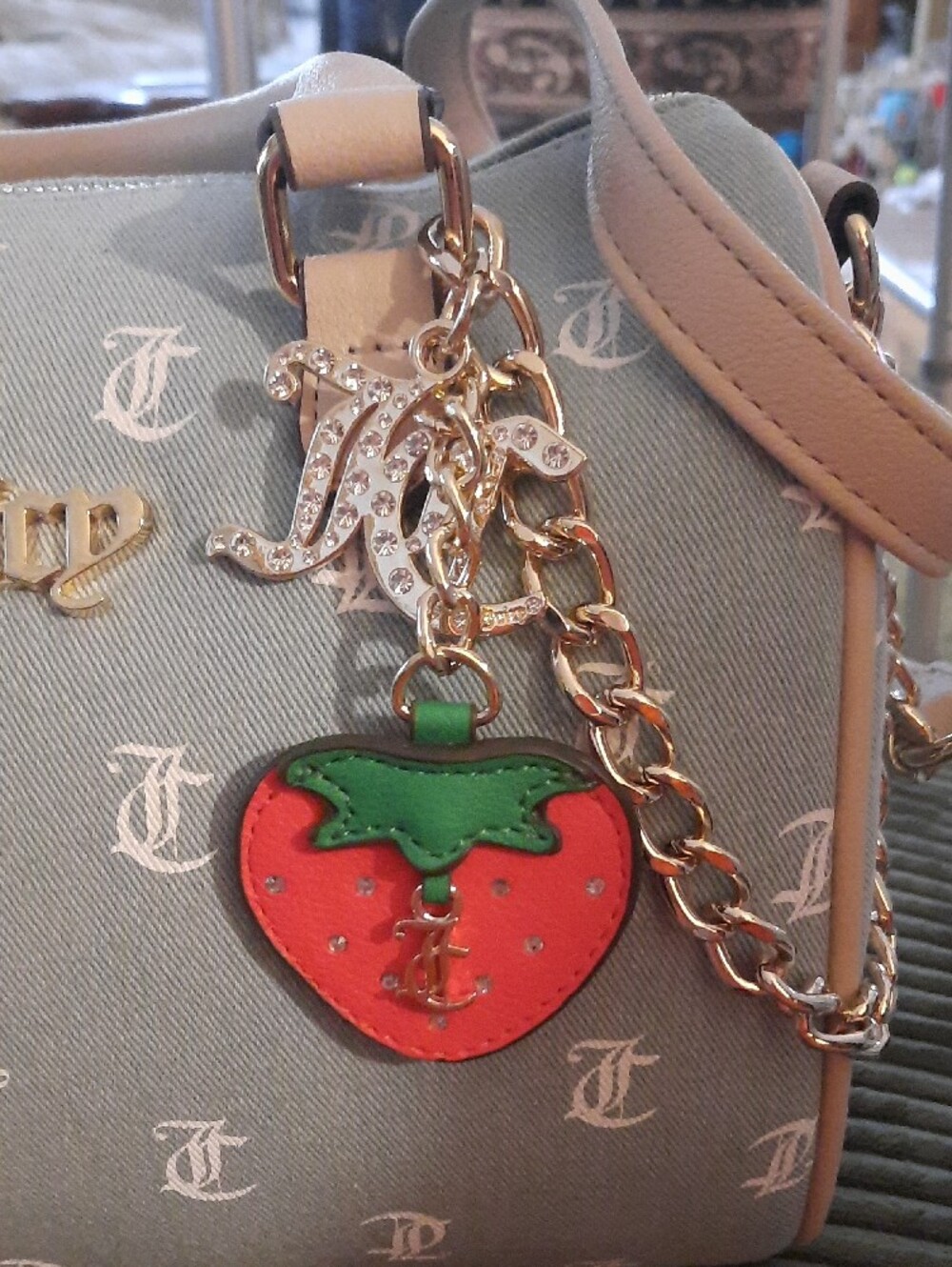 Juicy Couture Gray Monogram Crossbody with Beige Trim and Red Strawberry Charm - Picture 5 of 5